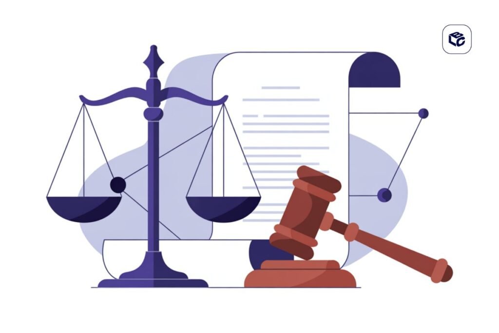 Ilustração jurídica com balança da justiça, martelo de juiz e documento legal ao fundo, representando processos judiciais, precatórios, RPVs, decisões judiciais e direitos dos credores.