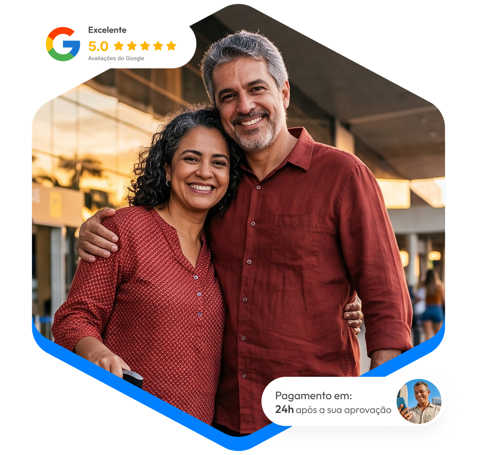 Casal sorridente com selo de 5 estrelas e aprovação de pagamento CVLD