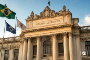 Tribunal de Justiça com bandeiras do Brasil e do Rio de Janeiro, relacionado à CVLD.