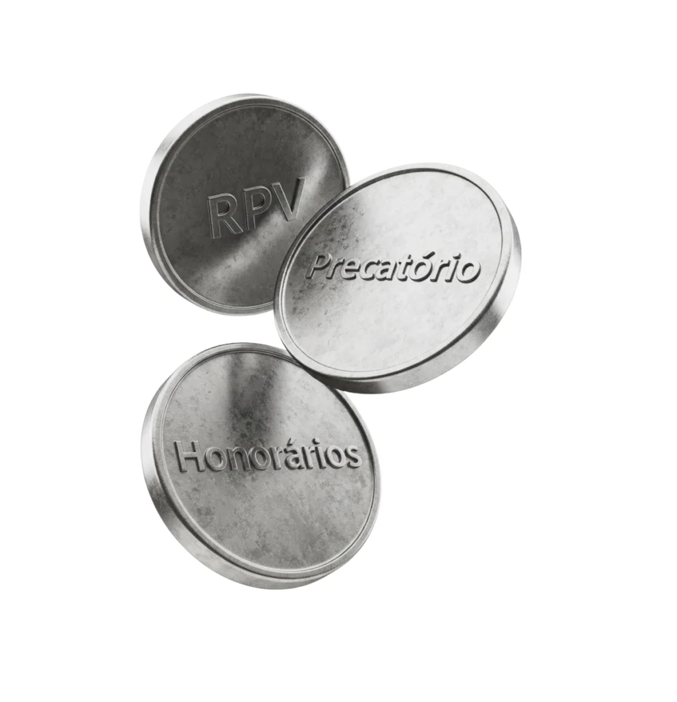 Moedas de metal com as inscrições RPV, Precatório e Honorários
