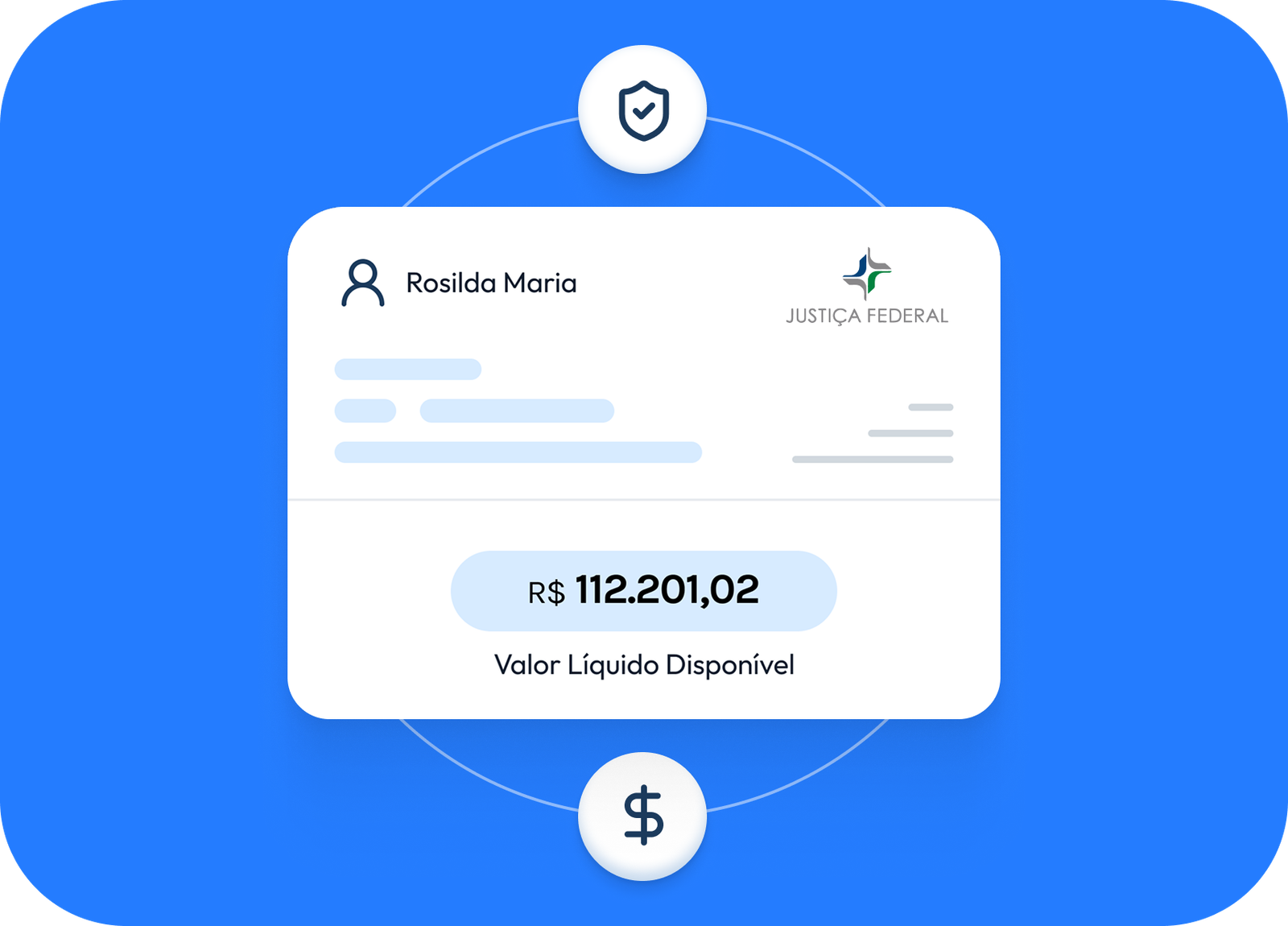 Cartão digital com nome Rosilda Maria, valor R$ 112.201,02 e logo da Justiça Federal.