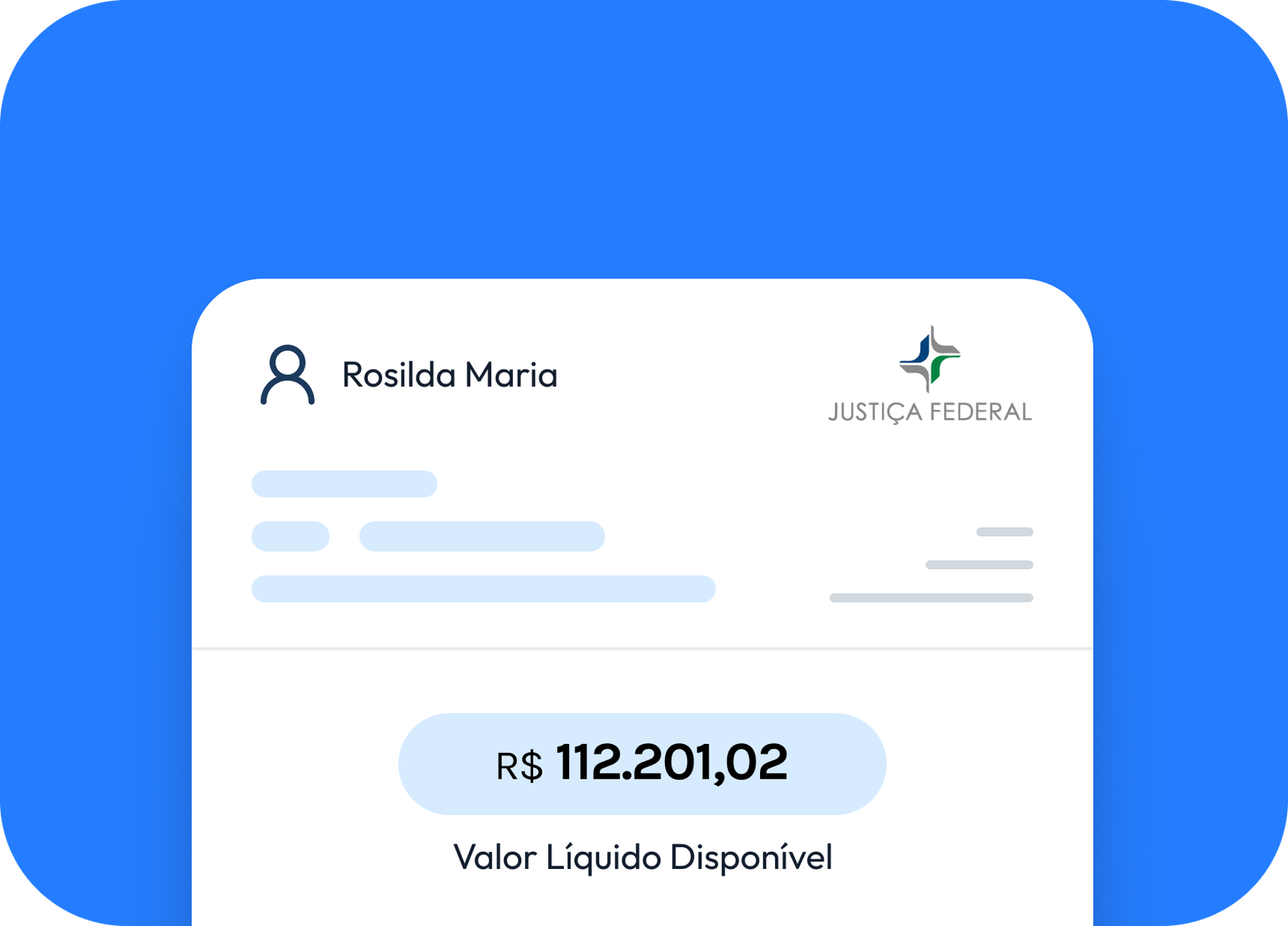 Valor líquido disponível de R$ 112.201,02 para Rosilda Maria, com selo Justiça Federal.