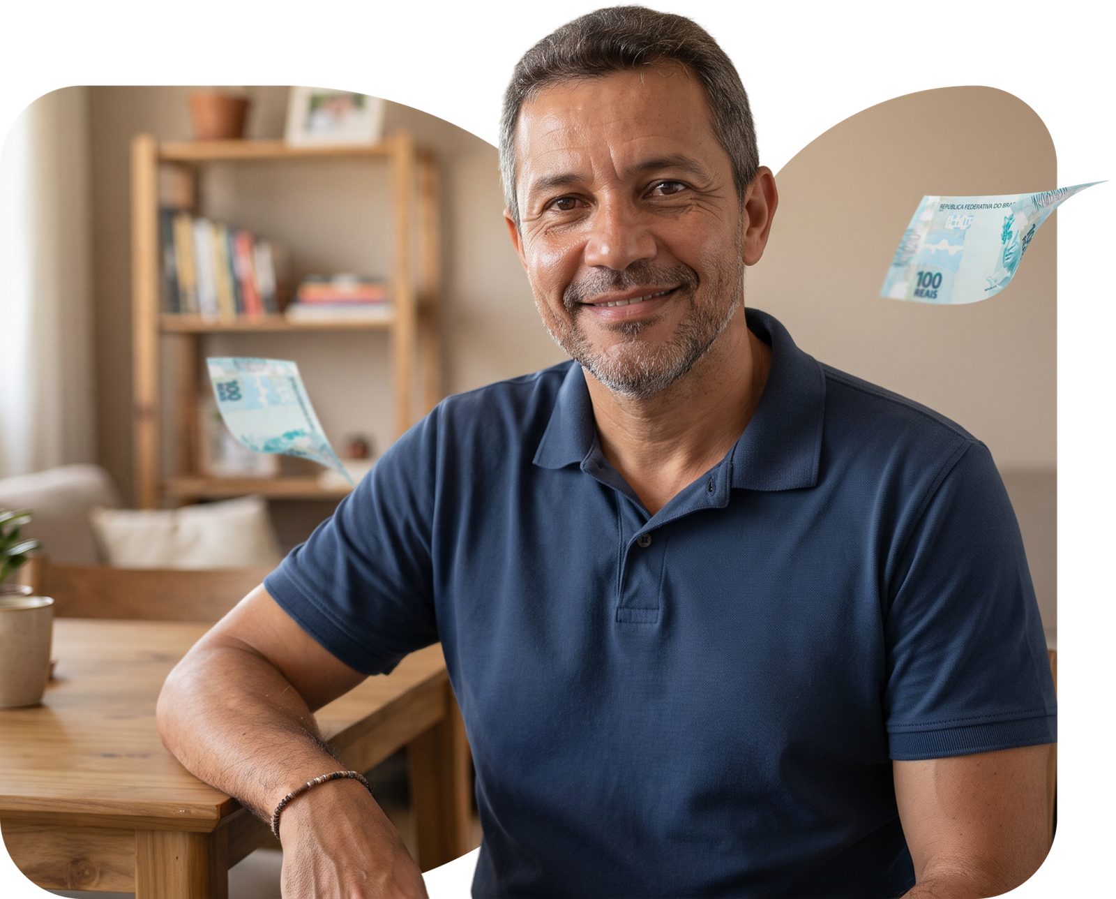 Homem sorrindo com dinheiro flutuando ao redor, relacionado a CVLD.