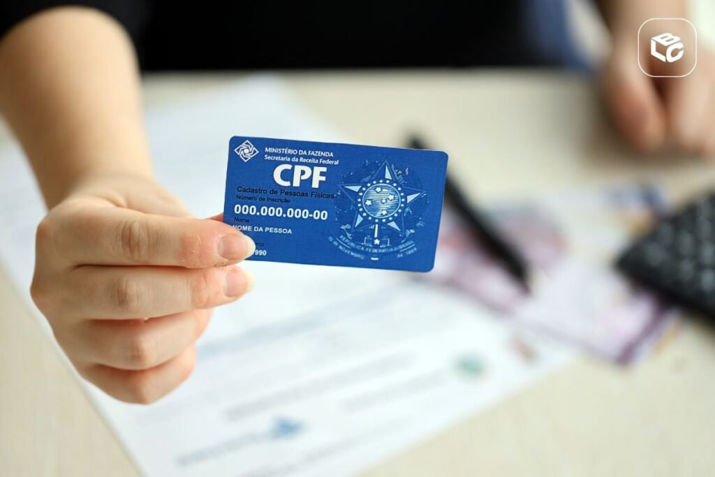 Close-up de uma mão segurando um cartão azul de CPF (Cadastro de Pessoas Físicas) em primeiro plano. Ao fundo, há documentos sobre uma mesa, notas de dinheiro desfocadas e outros objetos de escritório fora de foco. O cartão exibe o logotipo da Receita Federal e informações de exemplo, enquanto a profundidade de campo reduzida destaca o documento. A iluminação é suave e o ambiente sugere contexto administrativo ou financeiro.